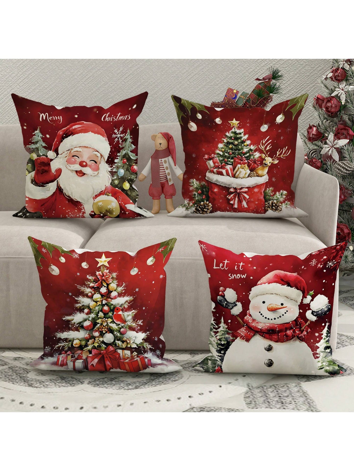 4pcs Christmas Santa Claus Snowman Tree Deer Velvet Throw Pillow Covers Cute Funny Red White Cosy Soft Decorative Pillowcases One Sided Printing 18in*18in For Xmas Winter Living Room Bedroom Sofa Bed Decor Without Pillow Inserts Green