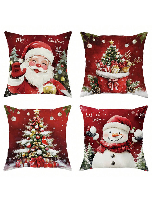 4pcs Christmas Santa Claus Snowman Tree Deer Velvet Throw Pillow Covers Cute Funny Red White Cosy Soft Decorative Pillowcases One Sided Printing 18in*18in For Xmas Winter Living Room Bedroom Sofa Bed Decor Without Pillow Inserts Green