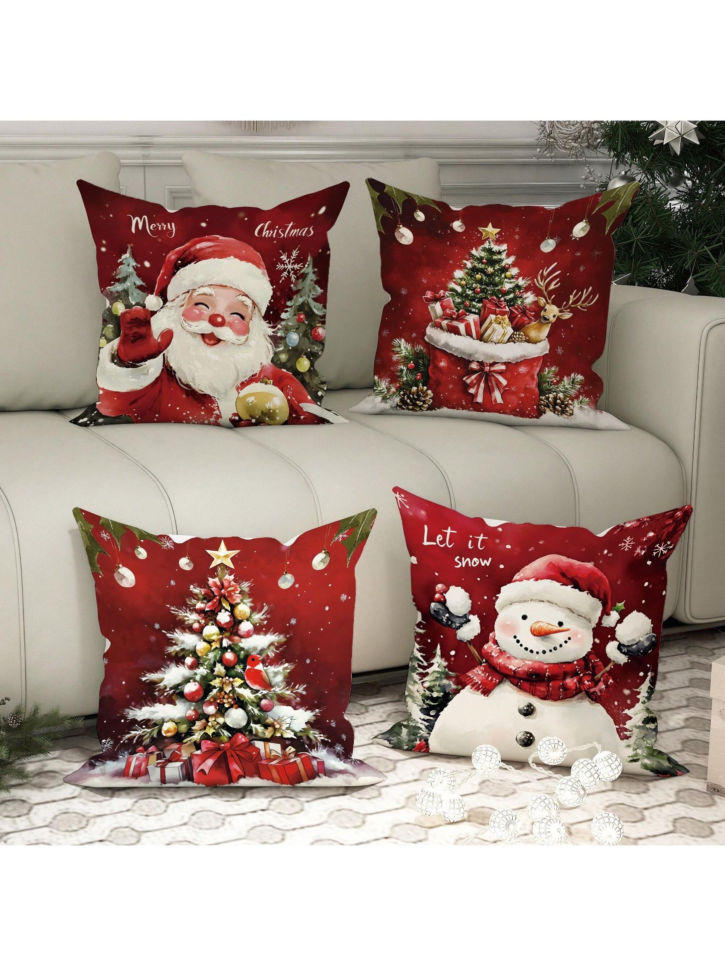 4pcs Christmas Santa Claus Snowman Tree Deer Velvet Throw Pillow Covers Cute Funny Red White Cosy Soft Decorative Pillowcases One Sided Printing 18in*18in For Xmas Winter Living Room Bedroom Sofa Bed Decor Without Pillow Inserts Green