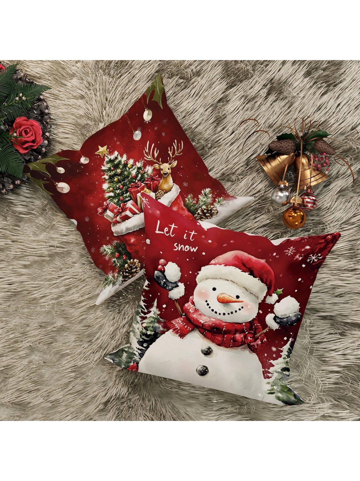 4pcs Christmas Santa Claus Snowman Tree Deer Velvet Throw Pillow Covers Cute Funny Red White Cosy Soft Decorative Pillowcases One Sided Printing 18in*18in For Xmas Winter Living Room Bedroom Sofa Bed Decor Without Pillow Inserts Green