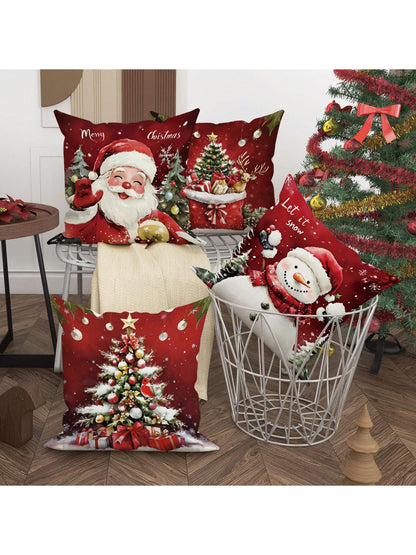 4pcs Christmas Santa Claus Snowman Tree Deer Velvet Throw Pillow Covers Cute Funny Red White Cosy Soft Decorative Pillowcases One Sided Printing 18in*18in For Xmas Winter Living Room Bedroom Sofa Bed Decor Without Pillow Inserts Green