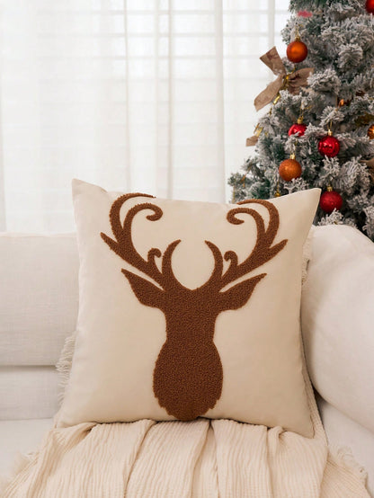 1pc Christmas Reindeer Cushion Cover,Christmas Decorative Throw Pillow Cover,18*18 Pillowcase,Soft Fleece,For Winter Decor,Living Room,Sofa Cushion Cover,Bedding Decor,Christmas Decorations Beige