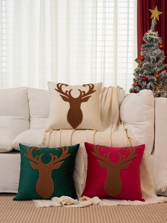 1pc Christmas Reindeer Cushion Cover,Christmas Decorative Throw Pillow Cover,18*18 Pillowcase,Soft Fleece,For Winter Decor,Living Room,Sofa Cushion Cover,Bedding Decor,Christmas Decorations Beige