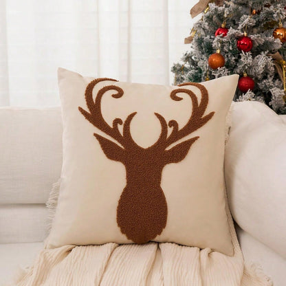 1pc Christmas Reindeer Cushion Cover,Christmas Decorative Throw Pillow Cover,18*18 Pillowcase,Soft Fleece,For Winter Decor,Living Room,Sofa Cushion Cover,Bedding Decor,Christmas Decorations Beige