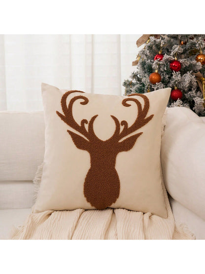 1pc Christmas Reindeer Cushion Cover,Christmas Decorative Throw Pillow Cover,18*18 Pillowcase,Soft Fleece,For Winter Decor,Living Room,Sofa Cushion Cover,Bedding Decor,Christmas Decorations Beige