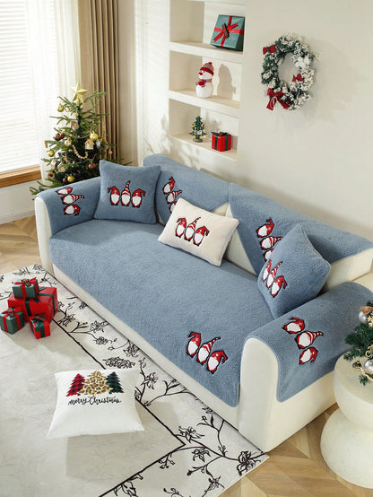 1pc Christmas Eve Sherpa Fleece Sofa Slipcover, Christmas Theme Anti-Slip Couch Protector For Christmas Decorations, Suitable For Office, Bedroom, Living Room Home Decor, All Season Blue