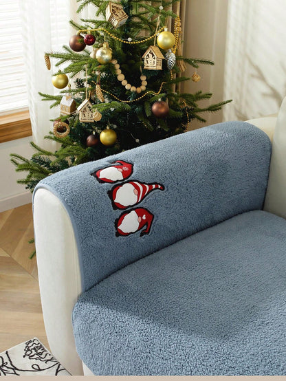 1pc Christmas Eve Sherpa Fleece Sofa Slipcover, Christmas Theme Anti-Slip Couch Protector For Christmas Decorations, Suitable For Office, Bedroom, Living Room Home Decor, All Season Blue