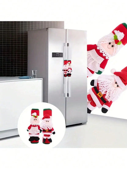 2pcs Christmas Santa Claus & Snowman Refrigerator Door Handle Covers, Kitchen Appliance Handle Protectors For Fridge, Microwave, Dishwasher Red