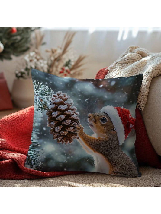 1pc Christmas Squirrel Decorative Pillow Case, Single Sided Soft Plush Fabric, 45*45CM/18*18inch Cushion Cover For Modern Sofa, Indoor Decor, Party Decoration, Gift Multicolor