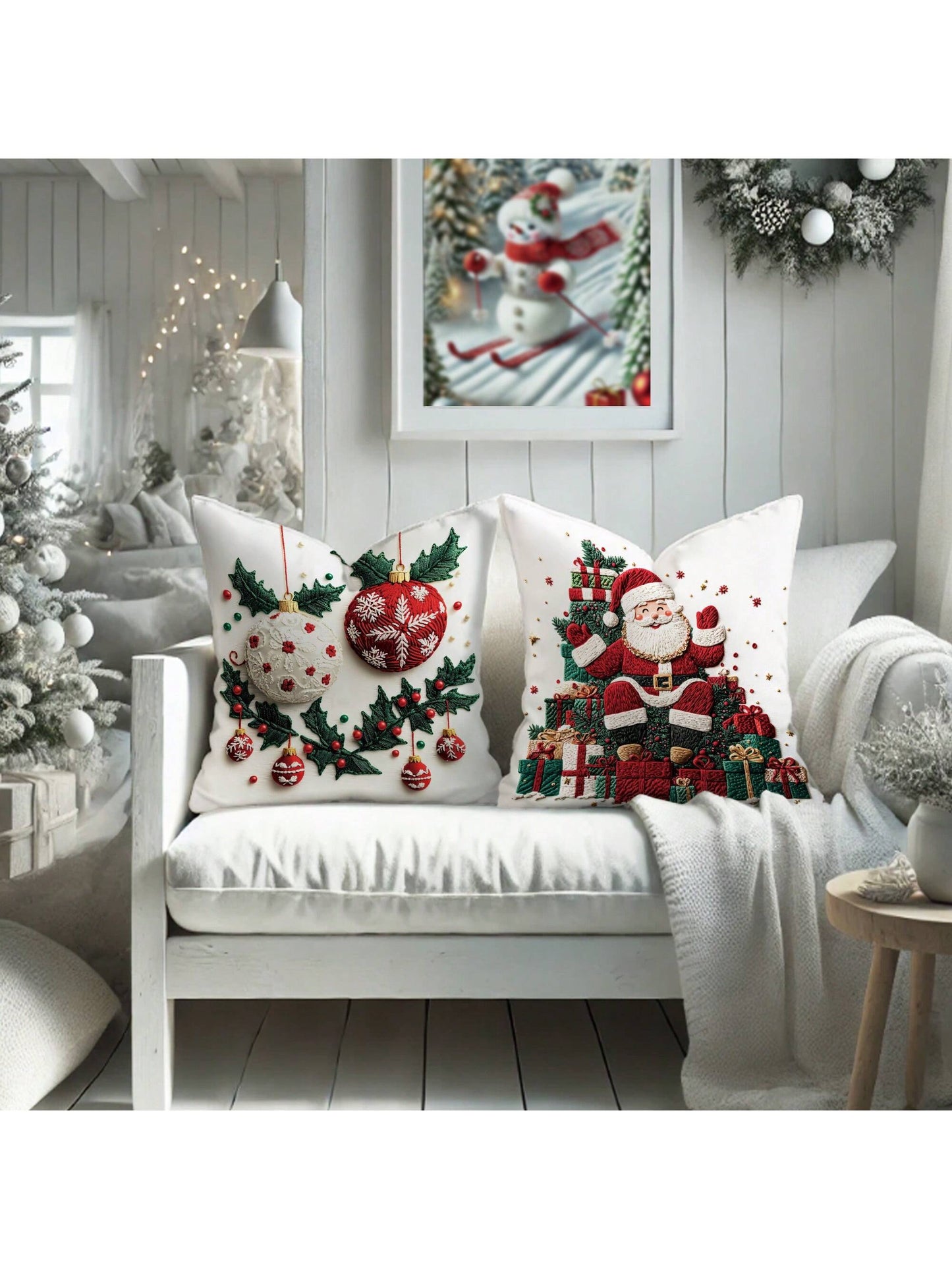 4pcs Christmas Tree Santa Snowman Gift Velvet Throw Pillow Covers Imitation Embroidery Cute Red Green Cosy Soft Decorative Pillowcases One Sided Printing 18in*18in For Xmas Winter Living Room Bedroom Sofa Bed Decor Without Pillow Inserts Green