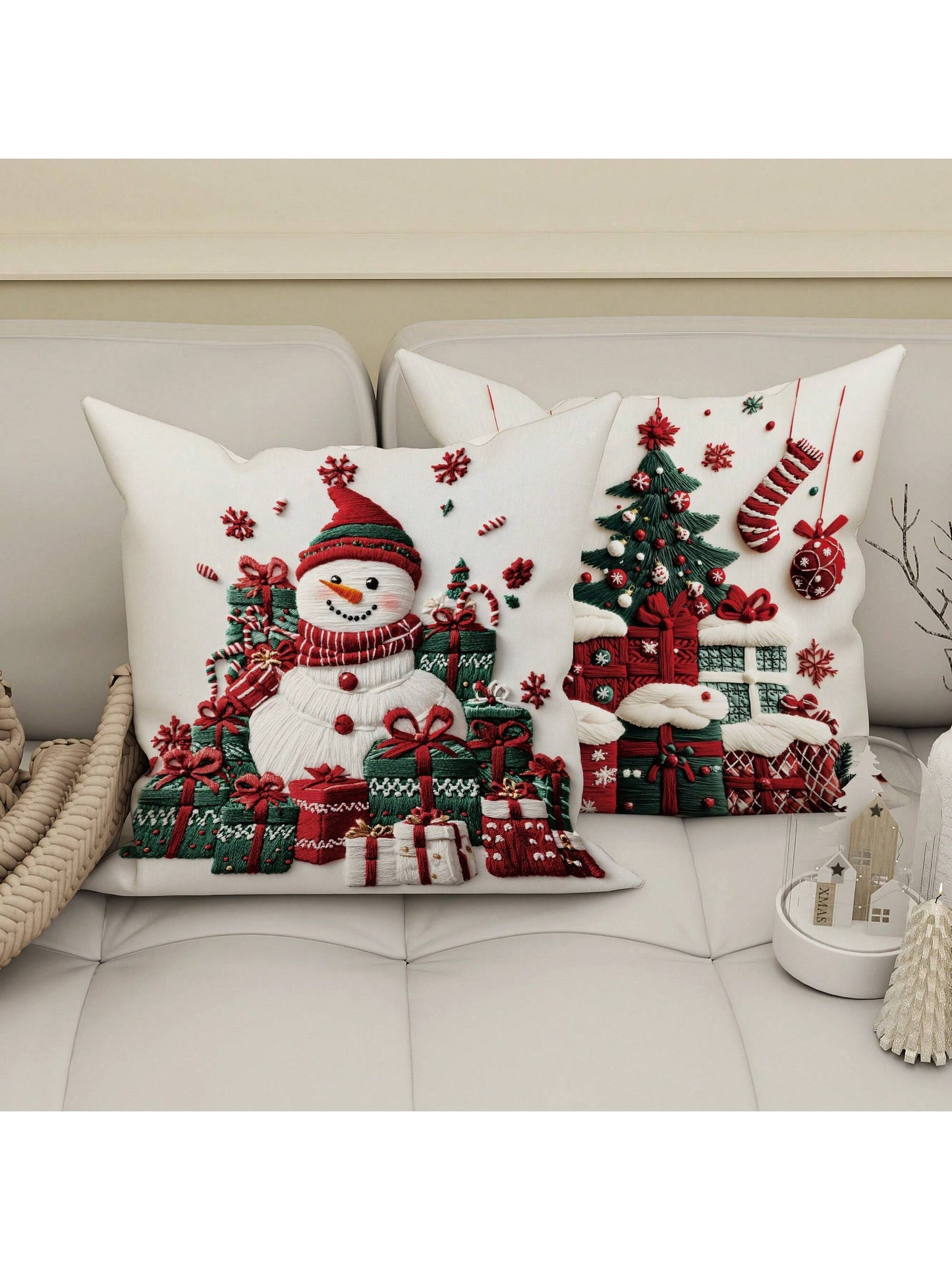 4pcs Christmas Tree Santa Snowman Gift Velvet Throw Pillow Covers Imitation Embroidery Cute Red Green Cosy Soft Decorative Pillowcases One Sided Printing 18in*18in For Xmas Winter Living Room Bedroom Sofa Bed Decor Without Pillow Inserts Green