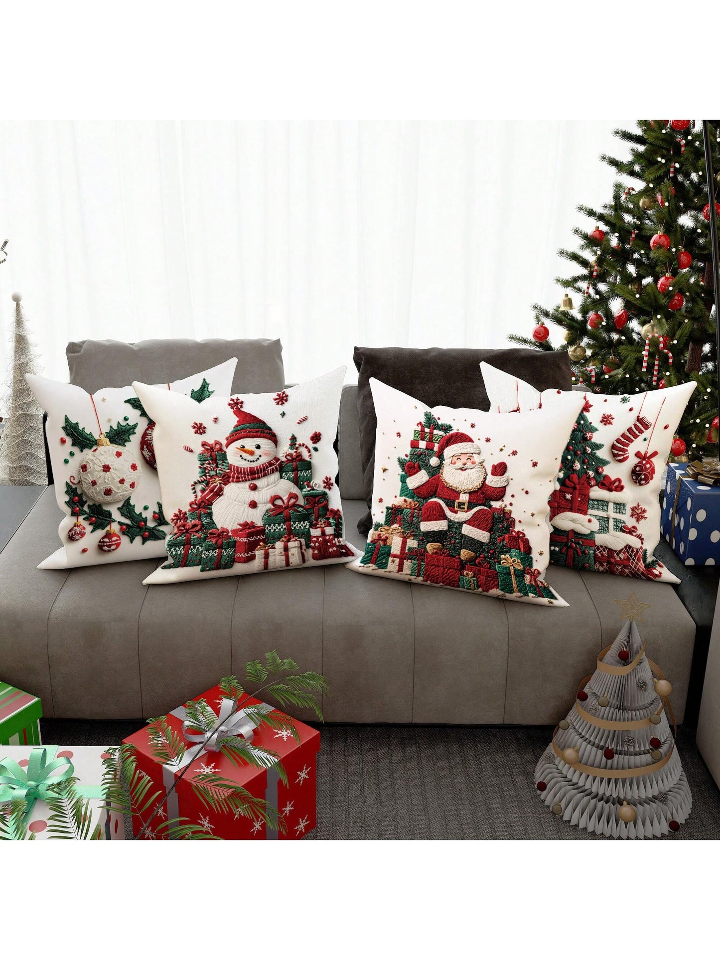 4pcs Christmas Tree Santa Snowman Gift Velvet Throw Pillow Covers Imitation Embroidery Cute Red Green Cosy Soft Decorative Pillowcases One Sided Printing 18in*18in For Xmas Winter Living Room Bedroom Sofa Bed Decor Without Pillow Inserts Green