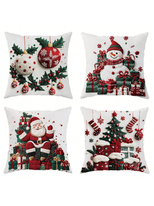 4pcs Christmas Tree Santa Snowman Gift Velvet Throw Pillow Covers Imitation Embroidery Cute Red Green Cosy Soft Decorative Pillowcases One Sided Printing 18in*18in For Xmas Winter Living Room Bedroom Sofa Bed Decor Without Pillow Inserts Green