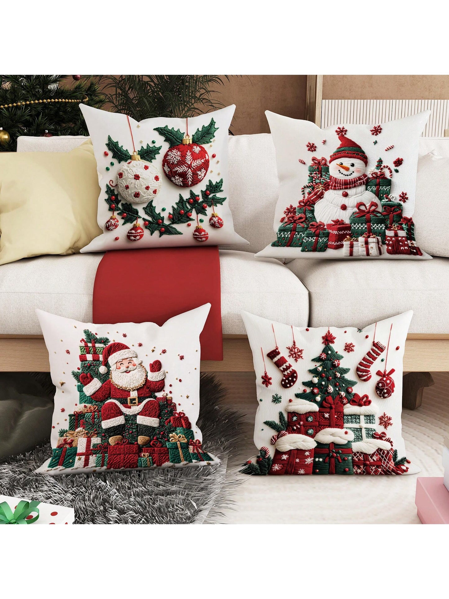 4pcs Christmas Tree Santa Snowman Gift Velvet Throw Pillow Covers Imitation Embroidery Cute Red Green Cosy Soft Decorative Pillowcases One Sided Printing 18in*18in For Xmas Winter Living Room Bedroom Sofa Bed Decor Without Pillow Inserts Green