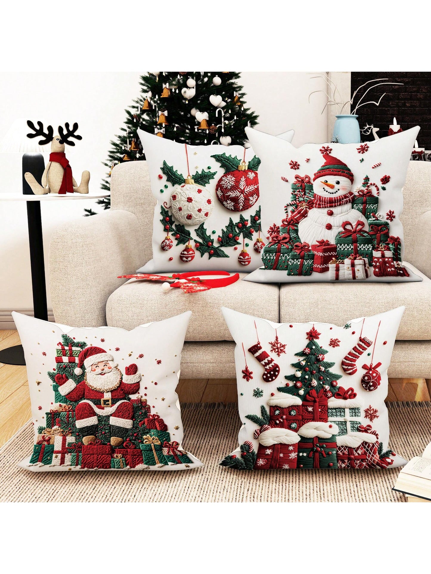 4pcs Christmas Tree Santa Snowman Gift Velvet Throw Pillow Covers Imitation Embroidery Cute Red Green Cosy Soft Decorative Pillowcases One Sided Printing 18in*18in For Xmas Winter Living Room Bedroom Sofa Bed Decor Without Pillow Inserts Green