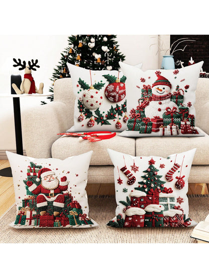 4pcs Christmas Tree Santa Snowman Gift Velvet Throw Pillow Covers Imitation Embroidery Cute Red Green Cosy Soft Decorative Pillowcases One Sided Printing 18in*18in For Xmas Winter Living Room Bedroom Sofa Bed Decor Without Pillow Inserts Green