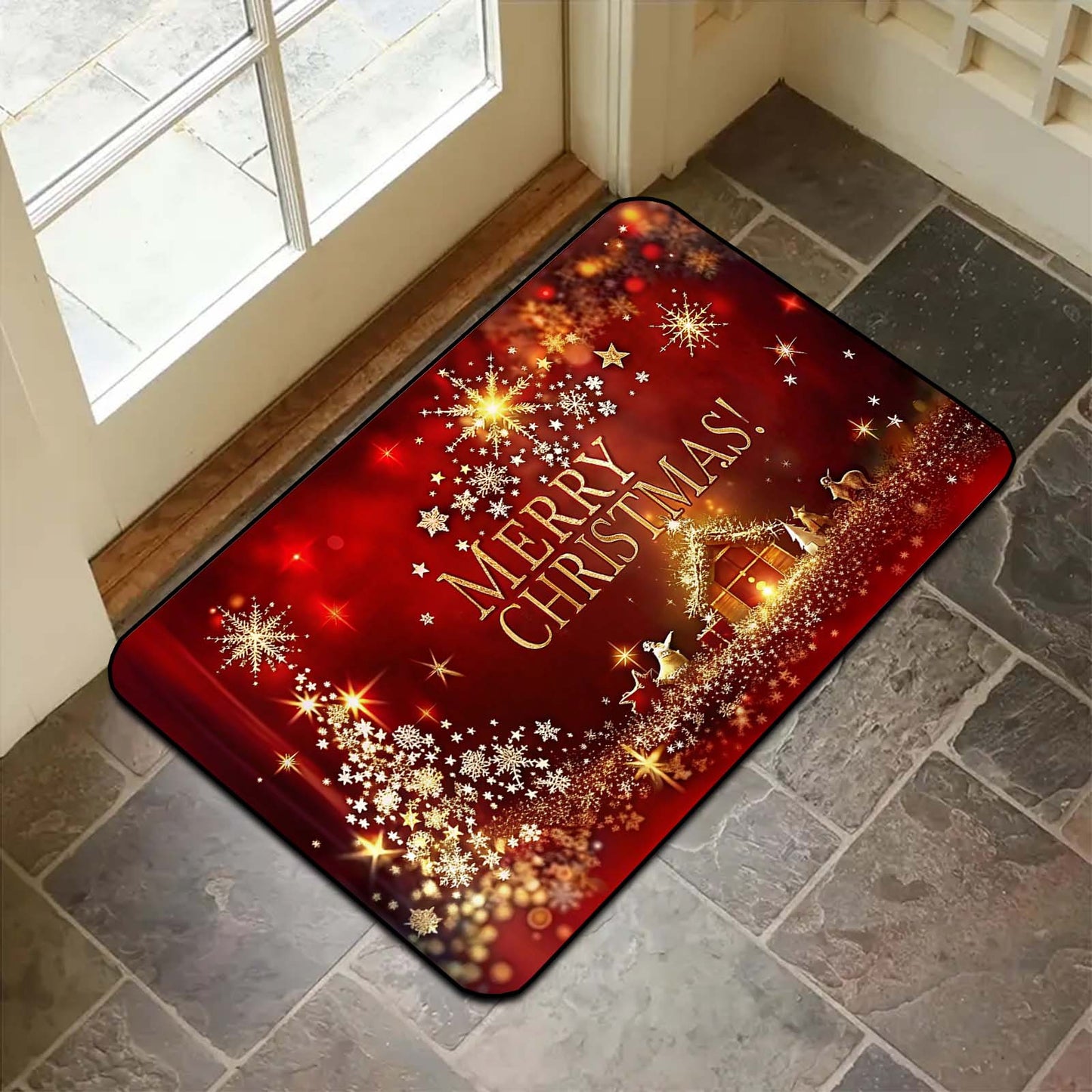 1pc Christmas Welcome Mat, 3D Festive Door Rug with Shiny Star Pattern, Non-Slip, Easy Clean, Stain-Resistant, Machine Washable - Perfect for Living Room, Bedroom, Kitchen, Office, Vacation Home Decor, Polyester, PVC Backing, Knitted, Square Shape