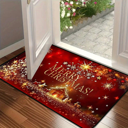 1pc Christmas Welcome Mat, 3D Festive Door Rug with Shiny Star Pattern, Non-Slip, Easy Clean, Stain-Resistant, Machine Washable - Perfect for Living Room, Bedroom, Kitchen, Office, Vacation Home Decor, Polyester, PVC Backing, Knitted, Square Shape