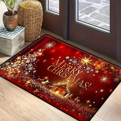 1pc Christmas Welcome Mat, 3D Festive Door Rug with Shiny Star Pattern, Non-Slip, Easy Clean, Stain-Resistant, Machine Washable - Perfect for Living Room, Bedroom, Kitchen, Office, Vacation Home Decor, Polyester, PVC Backing, Knitted, Square Shape