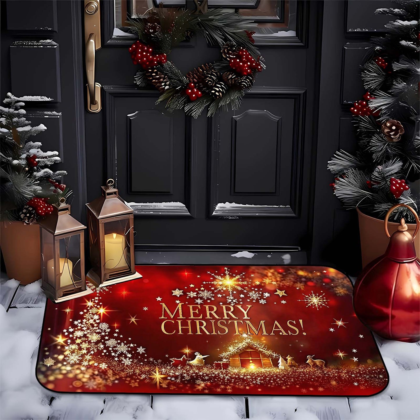 1pc Christmas Welcome Mat, 3D Festive Door Rug with Shiny Star Pattern, Non-Slip, Easy Clean, Stain-Resistant, Machine Washable - Perfect for Living Room, Bedroom, Kitchen, Office, Vacation Home Decor, Polyester, PVC Backing, Knitted, Square Shape