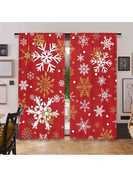 2 Pcs Christmas Snowflakes Curtain Red Festive Decorations, Semi Transparent Curtains, Snowflake Printed, Living Room, Bedroom, Study, Villa, Courtyard, Pocket, Fabric Curtain Home Decor Multicolor