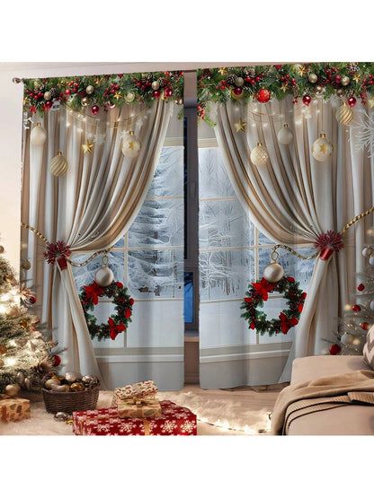 2pcs, Christmas Decoration, Luxurious European Style Christmas Curtains With Gold Decoration Design - Semi Transparent, Pole Bag Design, Suitable For Living Rooms, Bedrooms, Offices - Vacation Home Decoration, Christmas Gifts, (Pole Free) Christmas