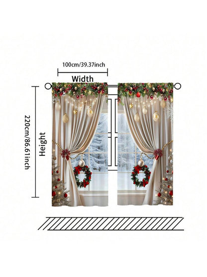 2pcs, Christmas Decoration, Luxurious European Style Christmas Curtains With Gold Decoration Design - Semi Transparent, Pole Bag Design, Suitable For Living Rooms, Bedrooms, Offices - Vacation Home Decoration, Christmas Gifts, (Pole Free) Christmas