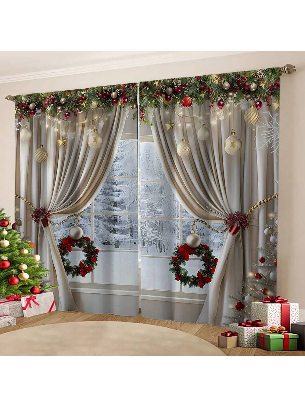 2pcs, Christmas Decoration, Luxurious European Style Christmas Curtains With Gold Decoration Design - Semi Transparent, Pole Bag Design, Suitable For Living Rooms, Bedrooms, Offices - Vacation Home Decoration, Christmas Gifts, (Pole Free) Christmas