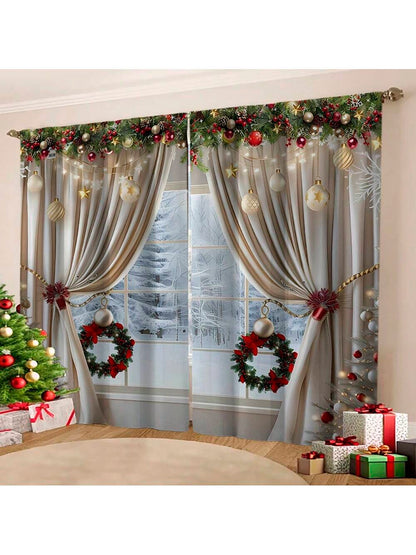 2pcs, Christmas Decoration, Luxurious European Style Christmas Curtains With Gold Decoration Design - Semi Transparent, Pole Bag Design, Suitable For Living Rooms, Bedrooms, Offices - Vacation Home Decoration, Christmas Gifts, (Pole Free) Christmas