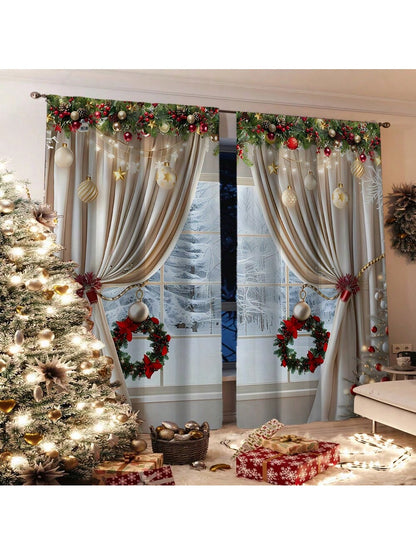 2pcs, Christmas Decoration, Luxurious European Style Christmas Curtains With Gold Decoration Design - Semi Transparent, Pole Bag Design, Suitable For Living Rooms, Bedrooms, Offices - Vacation Home Decoration, Christmas Gifts, (Pole Free) Christmas