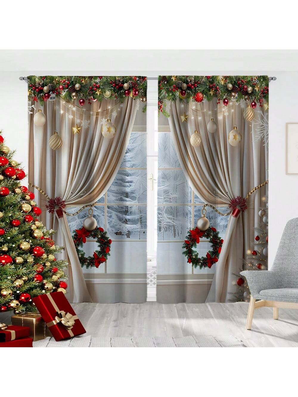 2pcs, Christmas Decoration, Luxurious European Style Christmas Curtains With Gold Decoration Design - Semi Transparent, Pole Bag Design, Suitable For Living Rooms, Bedrooms, Offices - Vacation Home Decoration, Christmas Gifts, (Pole Free) Christmas