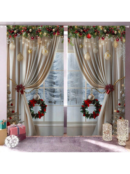 2pcs, Christmas Decoration, Luxurious European Style Christmas Curtains With Gold Decoration Design - Semi Transparent, Pole Bag Design, Suitable For Living Rooms, Bedrooms, Offices - Vacation Home Decoration, Christmas Gifts, (Pole Free) Christmas