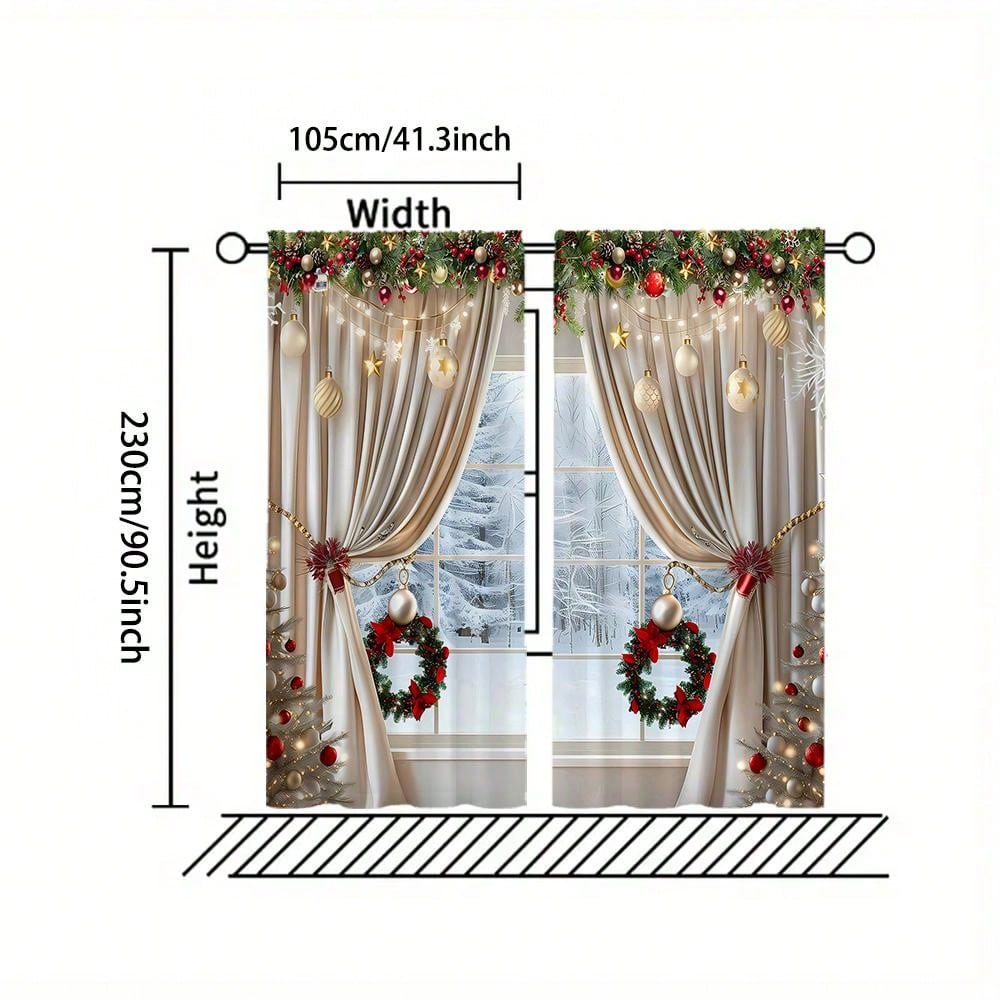 2pcs, Christmas Decoration, Luxurious European Style Christmas Curtains With Gold Decoration Design - Semi Transparent, Pole Bag Design, Suitable For Living Rooms, Bedrooms, Offices - Vacation Home Decoration, Christmas Gifts, (Pole Free) Christmas