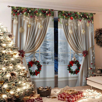 2pcs, Christmas Decoration, Luxurious European Style Christmas Curtains With Gold Decoration Design - Semi Transparent, Pole Bag Design, Suitable For Living Rooms, Bedrooms, Offices - Vacation Home Decoration, Christmas Gifts, (Pole Free) Christmas