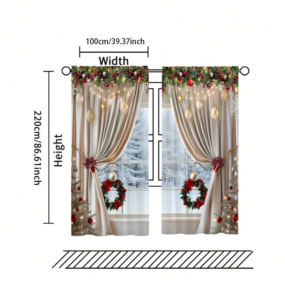 2pcs, Christmas Decoration, Luxurious European Style Christmas Curtains With Gold Decoration Design - Semi Transparent, Pole Bag Design, Suitable For Living Rooms, Bedrooms, Offices - Vacation Home Decoration, Christmas Gifts, (Pole Free) Christmas