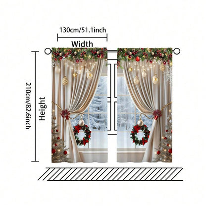 2pcs, Christmas Decoration, Luxurious European Style Christmas Curtains With Gold Decoration Design - Semi Transparent, Pole Bag Design, Suitable For Living Rooms, Bedrooms, Offices - Vacation Home Decoration, Christmas Gifts, (Pole Free) Christmas