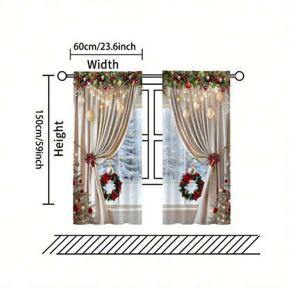 2pcs, Christmas Decoration, Luxurious European Style Christmas Curtains With Gold Decoration Design - Semi Transparent, Pole Bag Design, Suitable For Living Rooms, Bedrooms, Offices - Vacation Home Decoration, Christmas Gifts, (Pole Free) Christmas