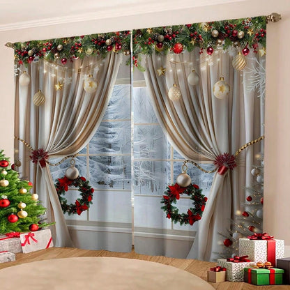 2pcs, Christmas Decoration, Luxurious European Style Christmas Curtains With Gold Decoration Design - Semi Transparent, Pole Bag Design, Suitable For Living Rooms, Bedrooms, Offices - Vacation Home Decoration, Christmas Gifts, (Pole Free) Christmas