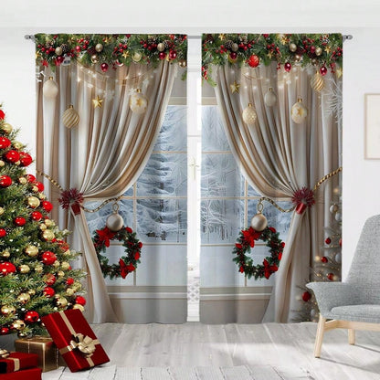 2pcs, Christmas Decoration, Luxurious European Style Christmas Curtains With Gold Decoration Design - Semi Transparent, Pole Bag Design, Suitable For Living Rooms, Bedrooms, Offices - Vacation Home Decoration, Christmas Gifts, (Pole Free) Christmas