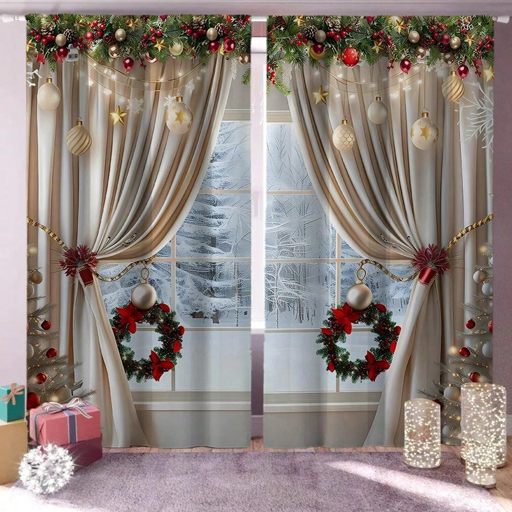 2pcs, Christmas Decoration, Luxurious European Style Christmas Curtains With Gold Decoration Design - Semi Transparent, Pole Bag Design, Suitable For Living Rooms, Bedrooms, Offices - Vacation Home Decoration, Christmas Gifts, (Pole Free) Christmas