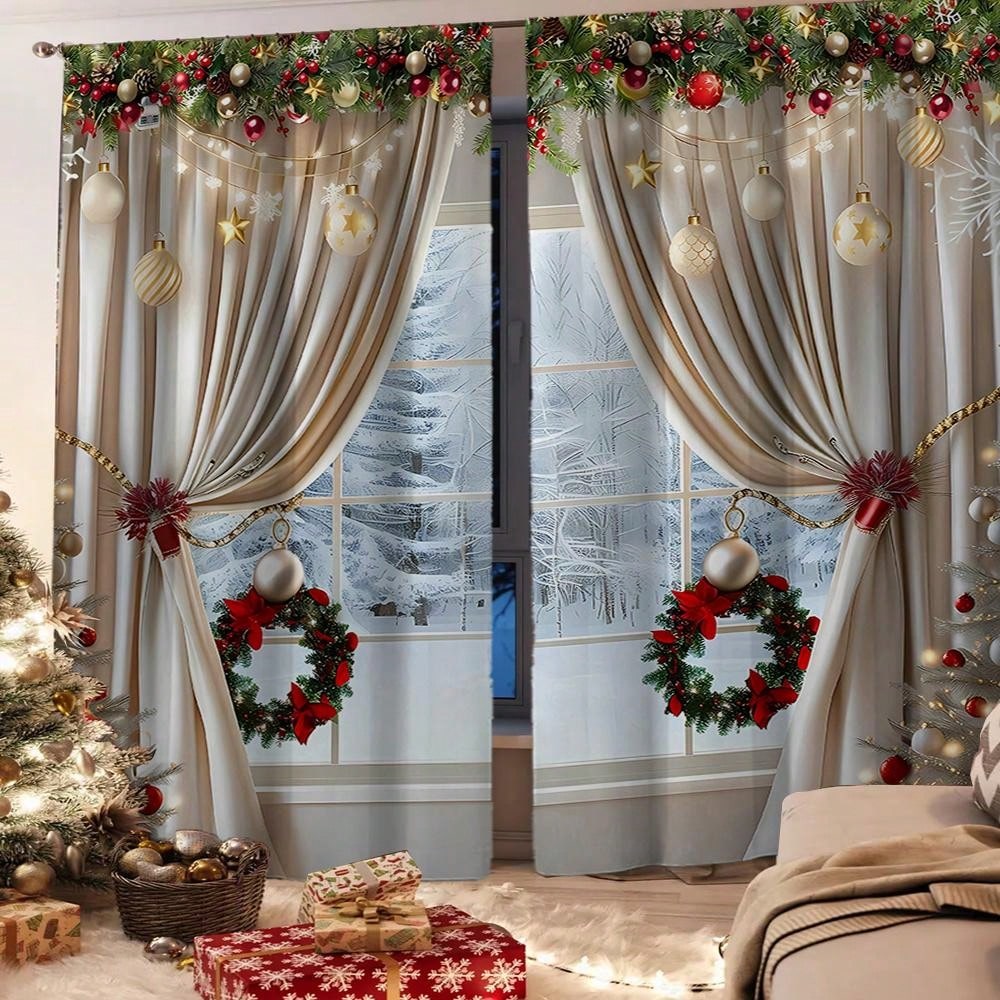 2pcs, Christmas Decoration, Luxurious European Style Christmas Curtains With Gold Decoration Design - Semi Transparent, Pole Bag Design, Suitable For Living Rooms, Bedrooms, Offices - Vacation Home Decoration, Christmas Gifts, (Pole Free) Christmas