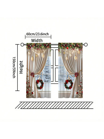 2pcs, Christmas Decoration, Luxurious European Style Christmas Curtains With Gold Decoration Design - Semi Transparent, Pole Bag Design, Suitable For Living Rooms, Bedrooms, Offices - Vacation Home Decoration, Christmas Gifts, (Pole Free) Christmas