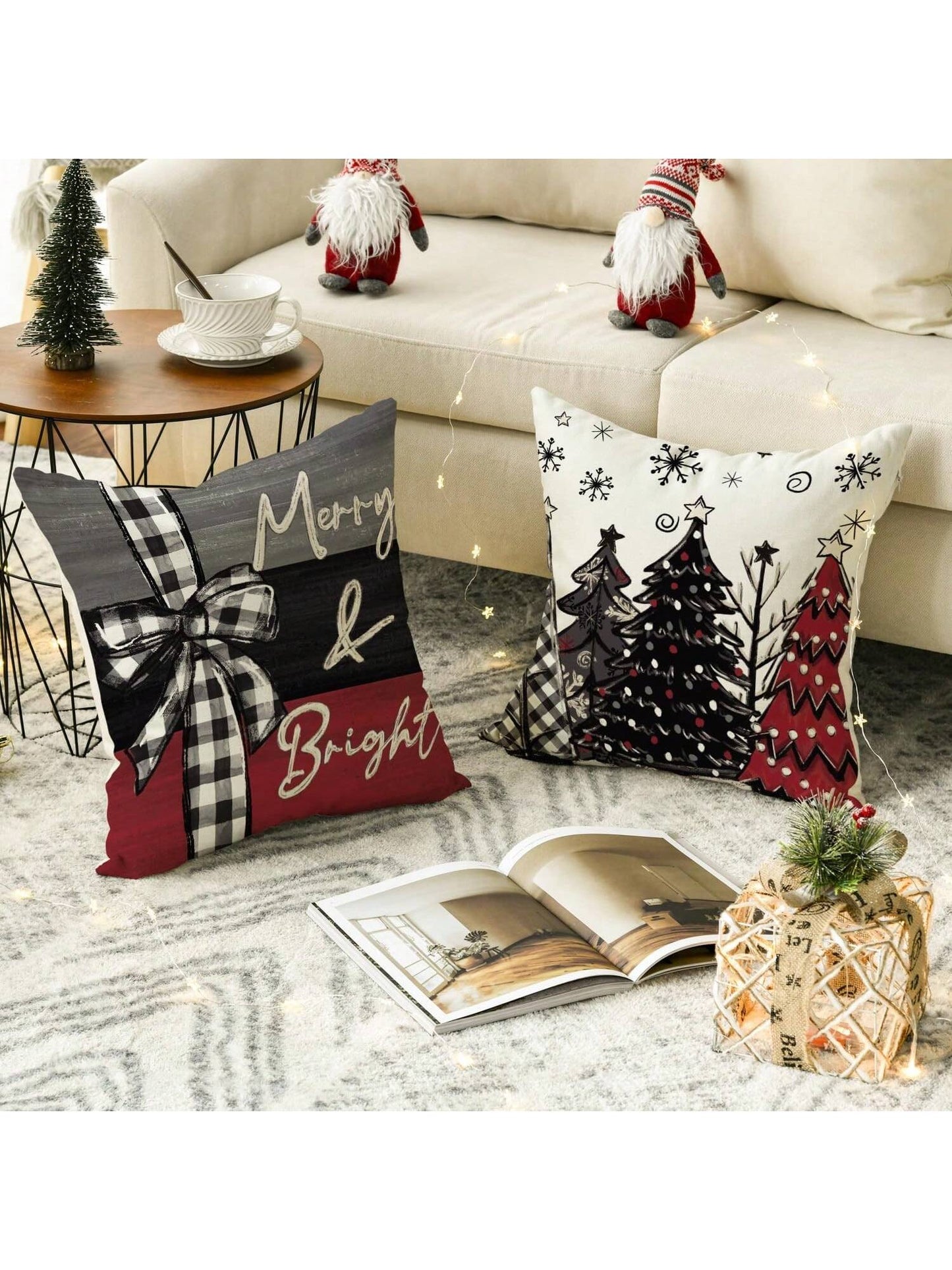 4pcs Merry Christmas, Christmas Tree, Red Pillow Case, Christmas Winter Holiday Sofa Decoration Cushion Cover, Single Side, No Pillow Core Black, White and Red