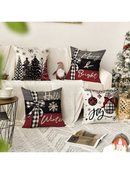 4pcs Merry Christmas, Christmas Tree, Red Pillow Case, Christmas Winter Holiday Sofa Decoration Cushion Cover, Single Side, No Pillow Core Black, White and Red