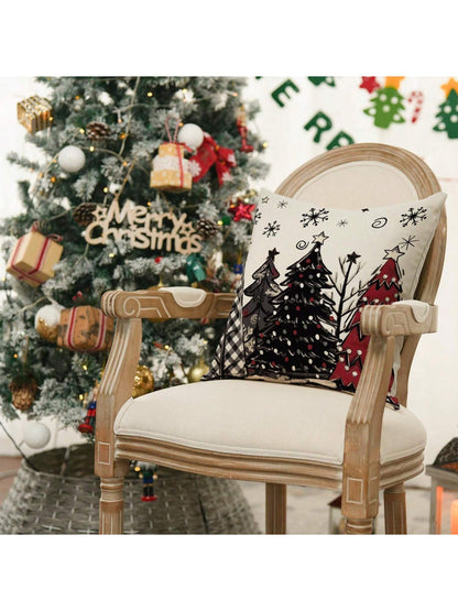 4pcs Merry Christmas, Christmas Tree, Red Pillow Case, Christmas Winter Holiday Sofa Decoration Cushion Cover, Single Side, No Pillow Core Black, White and Red