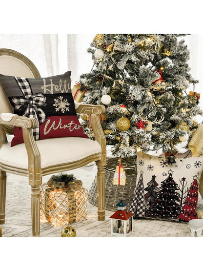 4pcs Merry Christmas, Christmas Tree, Red Pillow Case, Christmas Winter Holiday Sofa Decoration Cushion Cover, Single Side, No Pillow Core Black, White and Red