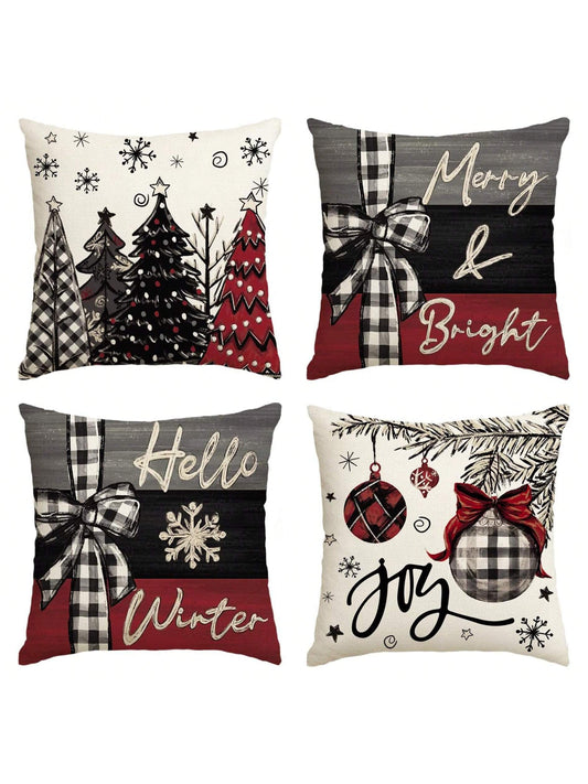 4pcs Merry Christmas, Christmas Tree, Red Pillow Case, Christmas Winter Holiday Sofa Decoration Cushion Cover, Single Side, No Pillow Core Black, White and Red