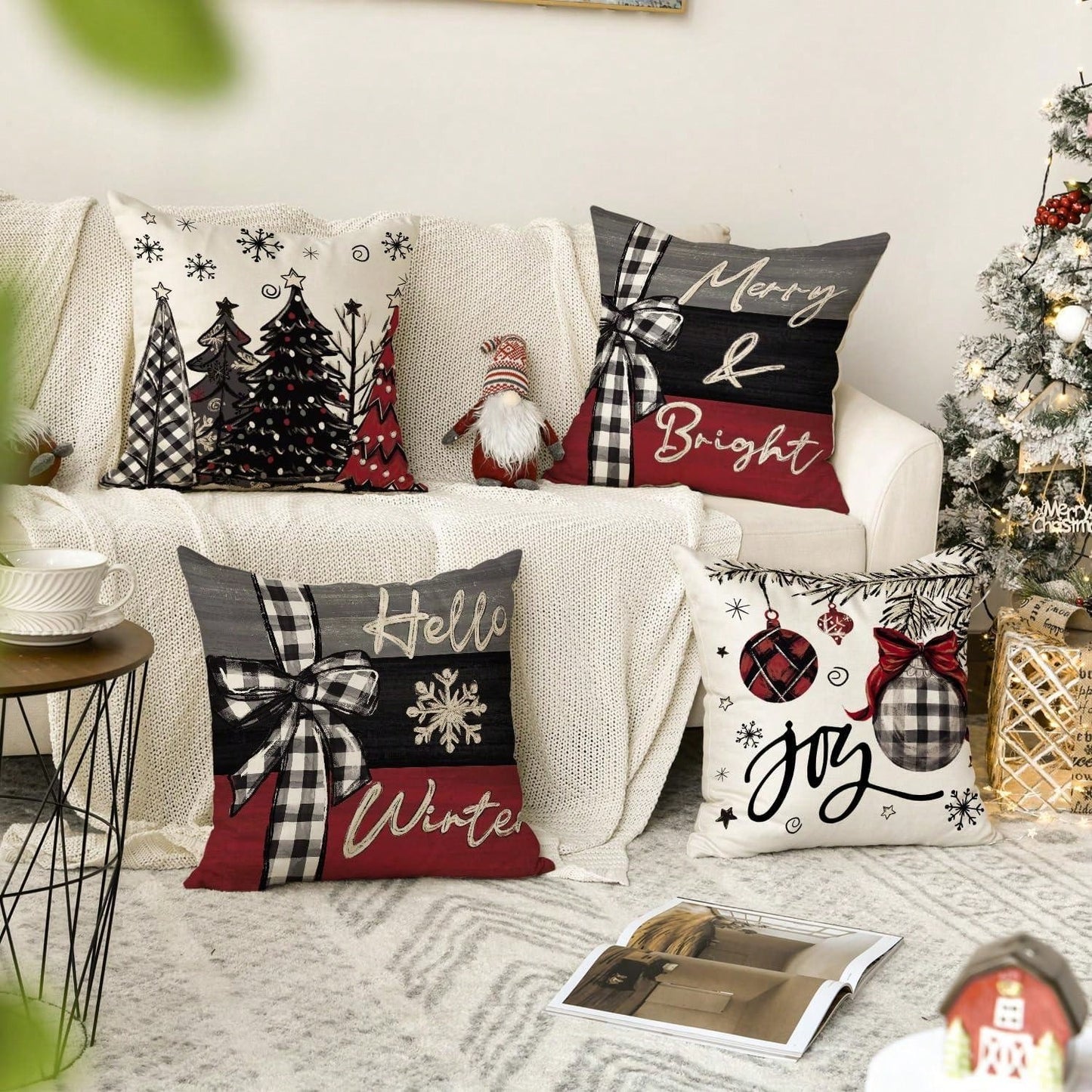 4pcs Merry Christmas, Christmas Tree, Red Pillow Case, Christmas Winter Holiday Sofa Decoration Cushion Cover, Single Side, No Pillow Core Black, White and Red