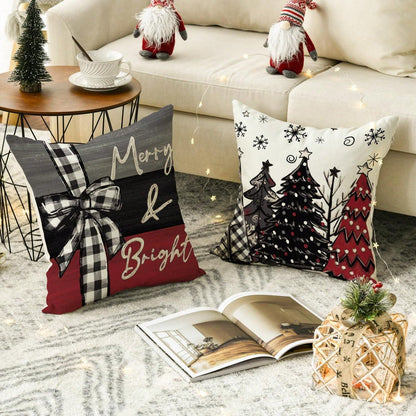 4pcs Merry Christmas, Christmas Tree, Red Pillow Case, Christmas Winter Holiday Sofa Decoration Cushion Cover, Single Side, No Pillow Core Black, White and Red