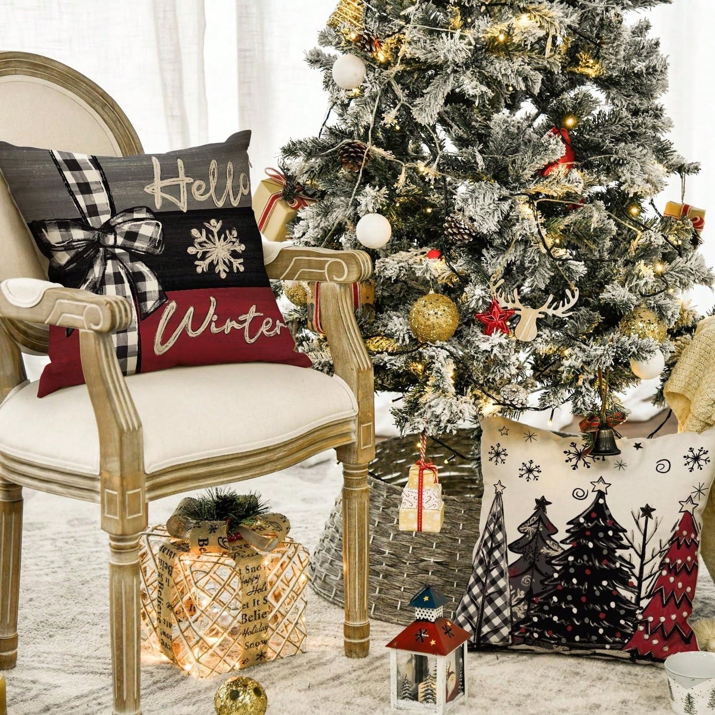 4pcs Merry Christmas, Christmas Tree, Red Pillow Case, Christmas Winter Holiday Sofa Decoration Cushion Cover, Single Side, No Pillow Core Black, White and Red